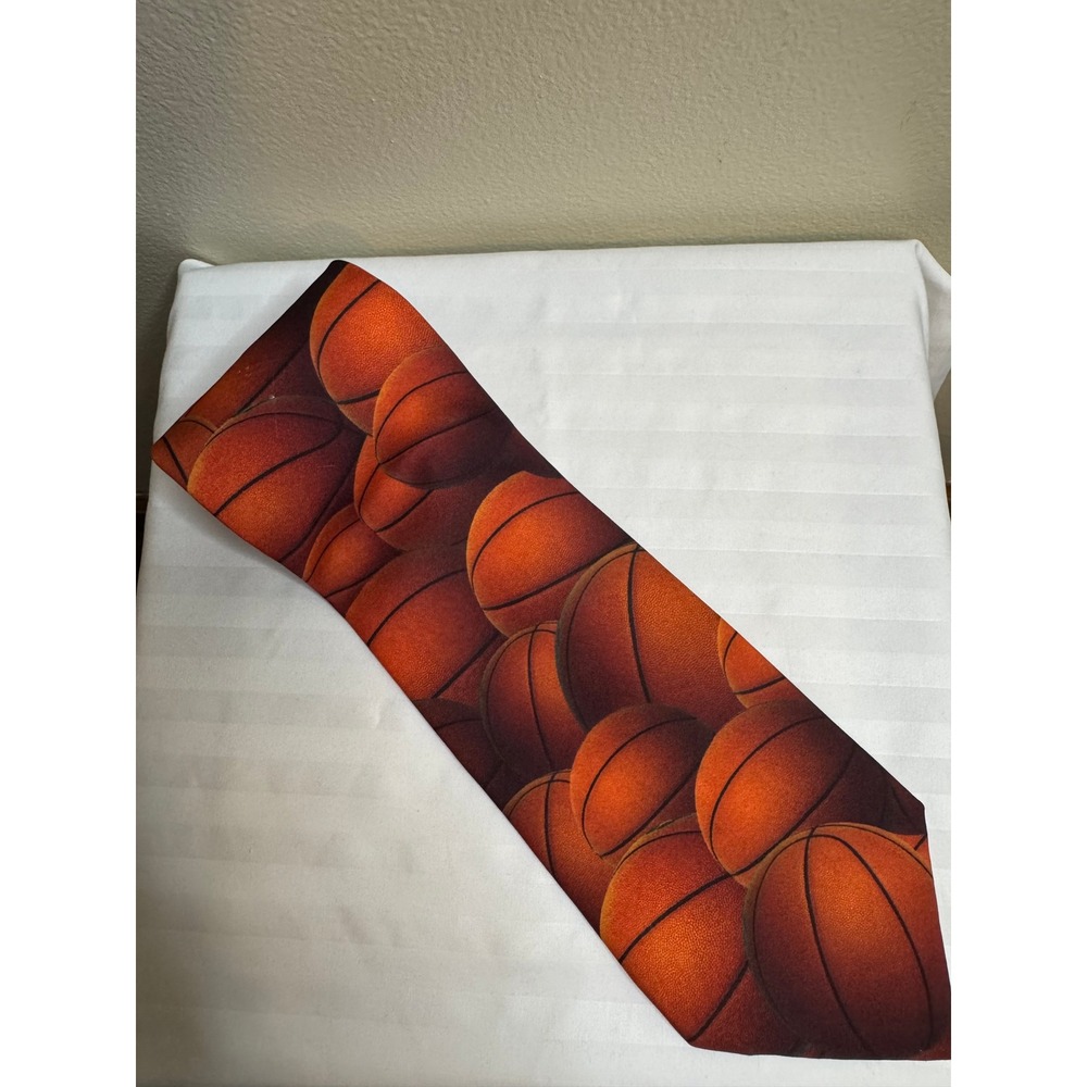 Vintage 1995 Ralph Marlin Just Balls Basketball Sports Novelty Tie Orange Mens